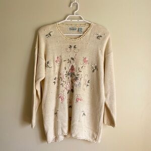Vintage Shenanigans | Embroidered Floral Pearl Knit Long Sleeve Sweater